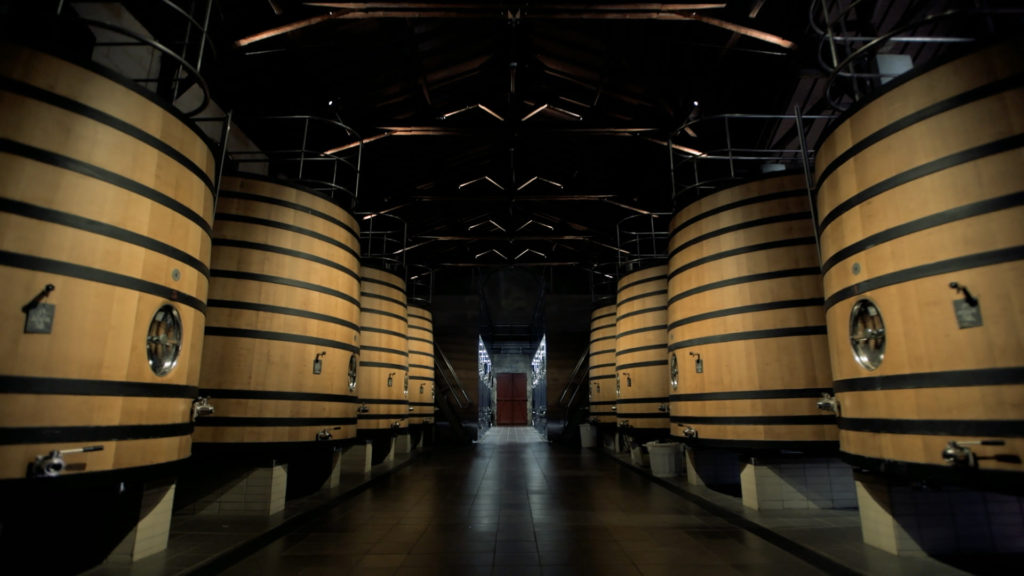 twins-chateau-brane-cantenac-dimly-lit-room-with-barrels-negociant-bordeaux